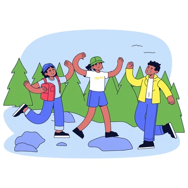 A group of three hikers taking a break on a mountain trail. Each hiker is wearing colorful outdoor gear. The first hiker has a red backpack and is doing arm circles with a focused expression. The second hiker, wearing a green cap and blue shorts, stands with their arms outstretched, also performing arm circles. The third hiker, in a yellow jacket, is smiling and encouraging the others. The background features green trees and rocky terrain, with a clear blue sky above.