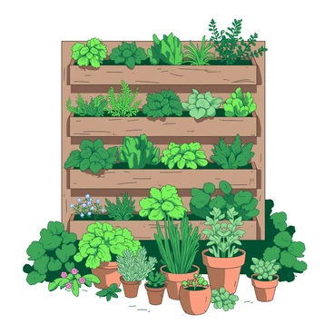 A green vertical garden features various herbs thriving in wall planters. These planters are arranged in a structured manner, with each one displaying different types of herbs such as basil, rosemary, and thyme. The wall is made of rustic wood, providing a warm backdrop. In front of the wall planters, there are terracotta pots scattered on the ground, containing more herbs. The setting is a potager garden, surrounded by lush greenery and a hint of colorful flowers peeking from the edges. The overall composition highlights the abundance of herbs in a well-organized vertical setup.