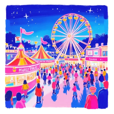 A nighttime carnival scene is filled with "twinkling lights" illuminating the area. There is a "large ferris wheel" rotating slowly against the night sky. Surrounding the ferris wheel, "lively crowds" enjoy various attractions and games. Stalls with colorful banners serve "popcorn" and "cotton candy." Brightly dressed performers mingle among the attendees. The atmosphere is vibrant and energetic, capturing the essence of a festive evening.