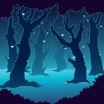 A dark forest filled with twisted trees that have gnarled branches and bark, creating an ominous atmosphere. The ground is covered in a thick layer of mist, obscuring the forest floor. Glowing eyes of various colors peer from the shadows between the trees, their eerie light illuminating the surrounding darkness. The air is still, enhancing the sense of mystery and foreboding within this captivating environment.