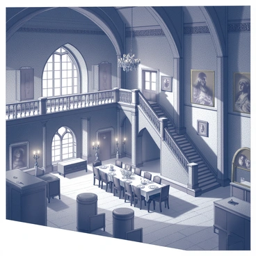 An expansive castle interior filled with ornate decor. The room features high, vaulted ceilings adorned with intricate carvings and chandeliers hanging from above. Elaborate tapestries depicting historical scenes hang on the stone walls, while large, arched windows allow glimpses of the outside. Heavy wooden furniture, including a long dining table set for a feast, is scattered throughout the space. Flickering candlelight casts dark shadows, creating a sense of mystery. Some areas are adorned with gilded frames and decorative mirrors that reflect the dim light. A grand staircase winds up to a balcony overlooking the room, adding depth to the composition.