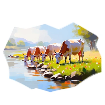 A serene landscape depicting several cows leisurely grazing along the lush, grassy banks of the Ganges River. The cows are various shades of brown and white, with some having distinctive spots. The river flows gently beside them, reflecting the sunlight in shimmering patterns. In the background, there are hints of green trees and distant hills under a clear blue sky. The grass is vibrant and fresh, with a few wildflowers dotted throughout, adding splashes of color to the scene.