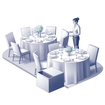 An event planner is standing at a beautifully arranged banquet hall. The tables are set with pristine white tablecloths, each adorned with fine china, polished silverware, and delicate glassware. Each place setting includes an intricately folded napkin, adding to the elegance of the display. In the center of each table, there are tasteful floral arrangements in decorative vases. A donation box, crafted from polished wood, is positioned prominently near the entrance, inviting guests to contribute to the charity. The planner is engaged in conversations with guests, ensuring everything runs smoothly. The atmosphere conveys a sense of purpose and sophistication throughout the gala.