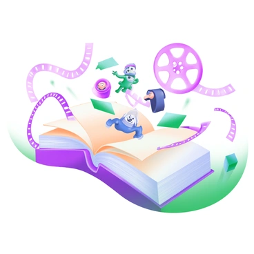 An open book with characters coming to life, illustrated as if on a film reel