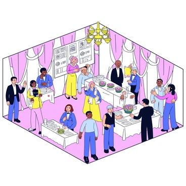 A spacious venue filled with elegant decorations in soft colors. There are ornate chandeliers hanging from the ceiling, casting a warm glow over the room. Tables are adorned with white tablecloths and centerpieces featuring fresh flowers. People are dressed in formal attire, with men in tuxedos and women in long evening gowns. In one corner, there is a silent auction display featuring various items, neatly arranged and labeled with bid sheets. Lively conversations are taking place among the guests, creating an atmosphere of excitement and community.