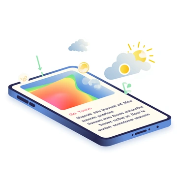 A smartphone displaying the interface of a weather app is in the foreground. The screen features a vibrant graphic of an occluded front, represented with colors indicating temperature changes and weather conditions. Various icons depict rain and storm clouds accompanied by animated arrows showing the movement of the front. Below the graphic, there are live updates with text showing the temperature in degrees and a summary of expected weather changes. The phone is resting on a wooden table, and a soft light illuminates the screen, highlighting the app's details.