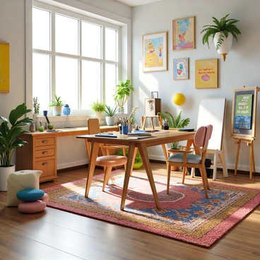 A spacious creative workspace with a large wooden table covered in various colorful art supplies, including paints, brushes, markers, and sketchbooks. The walls are adorned with cheerful decor, featuring bright paintings, motivational quotes in decorative frames, and hanging plants. There is a large window allowing sunlight to stream in, illuminating the entire area. In one corner, there is an easel with a partially finished canvas, and vibrant rugs cover the floor, adding warmth to the environment. A comfortable chair with soft cushions is positioned next to the table, inviting creativity and inspiration.