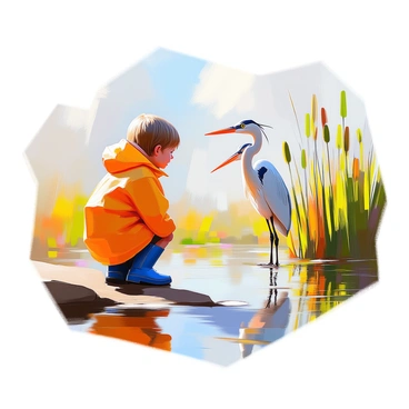 A curious child with light brown hair is standing at the edge of a wetland marsh, gazing intently at a tall heron standing in the shallow water. The child is wearing a bright yellow raincoat and blue rubber boots, and is crouched down to get a better look at the bird. The heron, with its long neck and sharp beak, is poised gracefully amidst the lush green reeds and cattails that surround the marsh. The scene shows reflections of the heron in the water, along with ripples created by small breeze. Soft sunlight filters through the clouds, illuminating the vibrant colors of the wetland's flora.