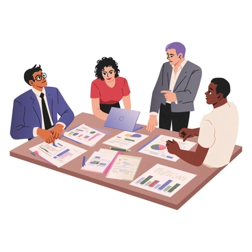 A digital flat illustration depicting a business team gathered around a rectangular table. The team consists of five professionals: a man with dark skin and glasses wearing a blue suit, a woman with light skin and curly hair in a red blouse, a man with medium skin and a gray suit, a woman with dark skin wearing a black dress, and a man with light skin and short hair dressed in a white shirt with rolled-up sleeves. They are all focused on several colorful value proposition charts laid out on the table. Some charts have bar graphs and pie charts in vibrant colors, while others feature bullet points and detailed annotations. A laptop is open on the table, and pens and notepads are scattered around. One of the team members is pointing at a chart, while others are engaged in discussion, creating a collaborative atmosphere.