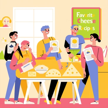 A home kitchen filled with laughter and excitement as cheese lovers gather together. A large wooden table sits in the center, covered with various cheese types including creamy brie, sharp cheddar, and tangy blue cheese. Several people are gathered around the table, each holding recipe cards with colorful illustrations of cheese dishes. One person is grating cheese over a dish, while another is mixing ingredients in a bowl. The walls are adorned with kitchen tools and a chalkboard displaying "Favorite Cheese Recipes" in colorful letters. A window lets in warm sunlight, adding a bright atmosphere to the scene.
