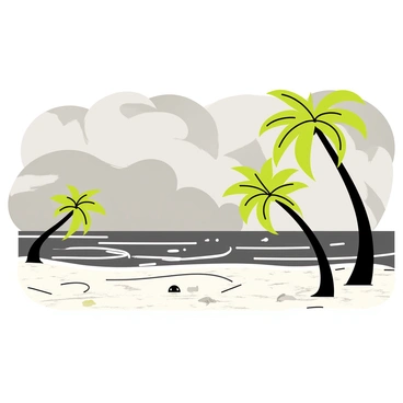 A beach scene features dark, turbulent ocean waters with large crashing waves. The sky is filled with gray, ominous clouds swirling above. Several palm trees are bending dramatically to one side due to the strong winds, their fronds whipping through the air. The sand on the beach is wet and scattered with debris, indicating the power of the approaching hurricane. In the background, there is a distant glimpse of a stormy horizon.