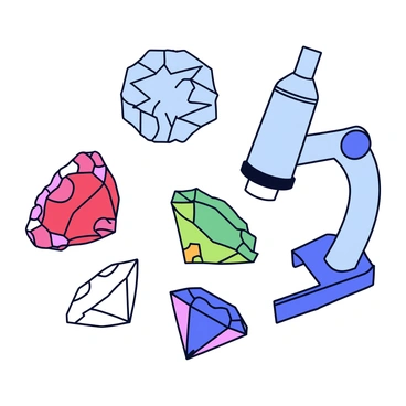 A collection of various gemstones displayed under a microscope. Each gemstone showcases its unique colors and textures. The microscope's lens focuses on the intricate internal structures of the stones, revealing patterns and inclusions that enhance their beauty. The gemstones include a deep blue sapphire, a vibrant green emerald, a rich red ruby, and a clear diamond. The background is simple, ensuring the gemstones remain the focal point of the image.