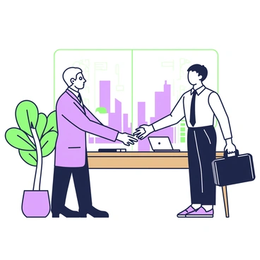 An older executive with gray hair is standing in a modern corporate office. He is dressed in a tailored navy suit and is handing a black briefcase to a younger colleague. The younger colleague, wearing a crisp white shirt and dark trousers, looks up at the executive with appreciation. In the background, there are glass windows revealing a city skyline, and a large wooden desk with a laptop and documents is visible. A potted plant sits in the corner of the office, adding a touch of greenery to the environment.