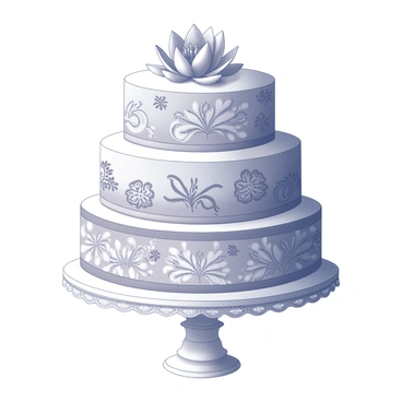 A three-tiered wedding cake with a sleek, modern silhouette. Each tier displays intricate traditional Indian motifs, including paisley patterns and floral designs, finely detailed and elegantly arranged. The cake is adorned with decorative elements that mimic elegant embroidery, providing a rich texture. On the top tier, a delicate sugar-crafted lotus flower is placed as a centerpiece. The overall structure is elevated on a white lace-themed pedestal, enhancing the cake's regal appearance. The cake is presented against a simple backdrop that emphasizes its design.
