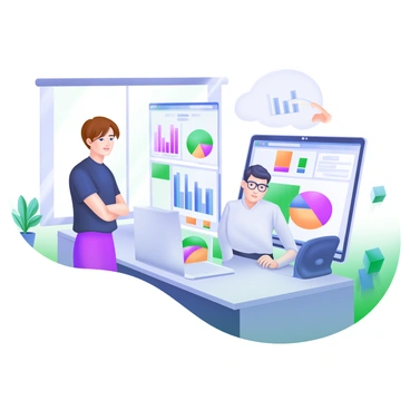 An intern observing a data analyst interpreting graphs on a large screen in an office.