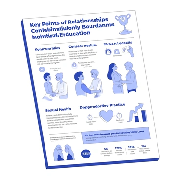 An infographic poster is displayed, featuring a structured layout with clear sections. The top section includes the title "Key Points of Relationships and Sexual Education" in bold lettering. Below, various blocks contain information about healthy communication, consent, and boundaries in relationships, with icons representing each concept. There are illustrations of diverse couples discussing feelings, demonstrating respect, and practicing consent. Another section highlights sexual health with visuals of protection methods and safe practices. The design is organized with arrows guiding the viewer through different topics, ensuring easy readability and understanding. Graphs and charts are present to provide statistics about relationship dynamics and safe sex practices.