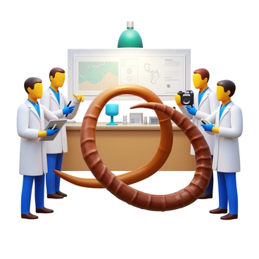 A group of scientists closely examining a large, intricately detailed mammoth tusk. Each scientist is wearing a lab coat and protective gloves. One scientist is using a magnifying glass to inspect the surface of the tusk. Another is taking notes on a clipboard, while a third is documenting the find with a camera. The tusk has a rich, earthy color with visible ridges and patterns. In the background, there are various lab equipment and a large map indicating the discovery site. A bright overhead light illuminates the scene.