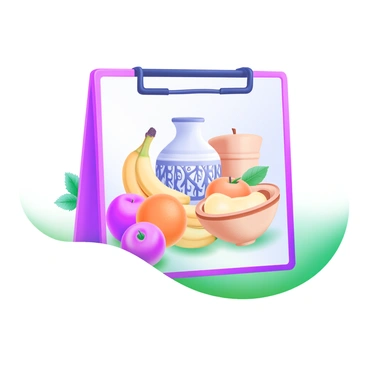 A modern pastel illustration featuring an arrangement of assorted fruits, including apples, oranges, and bananas, alongside a collection of pottery. The pottery includes a small vase and a bowl, each showcasing intricate designs. The fruits are placed in front of the pottery on an illustration board, with soft shadows beneath them. The background is a subtle gradient, enhancing the focus on the colorful fruits and detailed pottery.