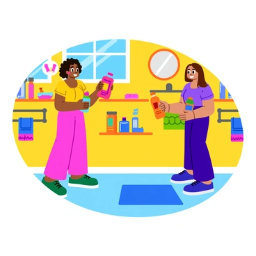 Two friends are standing in a bright and colorful bathroom filled with various shampoo bottles displayed on a shelf. The first friend has short curly hair and is holding a bottle of shampoo with a vibrant label, laughing animatedly. The second friend has long straight hair and is pointing to a bottle with a colorful design, sharing their favorite product. The bathroom is decorated with cheerful patterns on the towels and a mirror reflecting the joyful scene. Light filters through a window, adding a warm ambiance to their lively conversation.