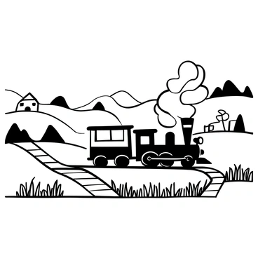 An old-fashioned steam engine with billowing smoke emerging from its chimney, traversing along a winding track. Lush hills and fields of tall grass flank the railway, with a few scattered trees dotting the landscape. A distant farmhouse can be seen nestled among the hills. The steam engine is detailed, showcasing its vintage design, and the overall scene captures the essence of a tranquil countryside journey.