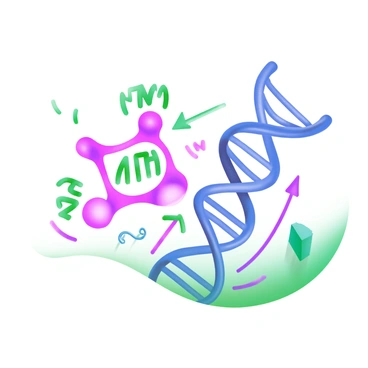 A modern pastel illustration featuring an ATP molecule depicted as a vibrant pink structure, with three phosphate groups illustrated in green. Surrounding the ATP molecule is a protein represented in shades of blue, showcasing its unique shape with intricate details. The ATP molecule and the protein are positioned close together, with arrows indicating the interaction between them, symbolizing the facilitation of a biological process. Additional visual elements might include small molecular structures and dynamic lines that suggest movement and interaction in the scene.