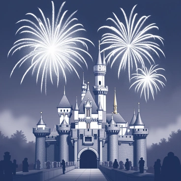 A night sky filled with bright fireworks exploding in various shapes and patterns. Below, Disneyland's "Sleeping Beauty Castle" stands majestically, adorned with intricate architectural details. The castle has tall spires and turrets, with a grand entrance visible at the forefront. The ground is bustling with silhouettes of people gazing up at the display, capturing the vibrant moment. The scene conveys a sense of celebration and wonder as the fireworks illuminate the castle and surrounding area.