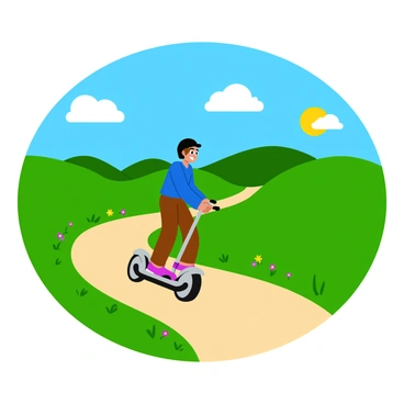 A person riding a Segway is traveling along a winding path through gentle, rolling hills. The hills are covered in lush green grass, dotted with colorful wildflowers. Above, the sky is clear and bright blue, with a few fluffy white clouds scattered across it. The sun is shining, casting warm light on the landscape, and in the distance, there are more hills fading into the horizon. The rider wears a helmet and has a look of enjoyment on their face as they glide smoothly along the path.