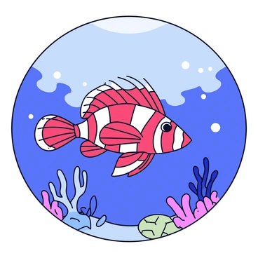A lionfish with long, flowing fins and distinctive striped patterns is swimming gracefully underwater. The fish has vibrant red and white coloration, and its spines are prominently displayed. The scene is illuminated by soft moonlight filtering through the water, casting gentle ripples of light around the lionfish. Surrounding the fish are small silhouettes of coral and various underwater plants, contributing to the tranquil atmosphere of the night dive.
