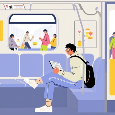 A person with short brown hair wearing glasses is sitting on a subway seat, focused on a crossword puzzle in a small notebook. The person is wearing a light blue jacket and jeans, with a backpack resting on the seat beside them. The subway car is filled with various commuters, some standing and holding onto the metal poles. The walls of the subway are gray with advertisements for local businesses, and the bright lights above provide illumination. Outside the windows, a blur of underground tunnels can be seen.