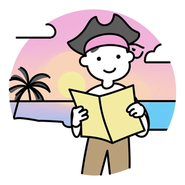 A young pirate with a tricorn hat and a red bandana stands on a sandy beach, holding a weathered treasure map in his hands. The pirate has short, tousled hair and is wearing a simple white shirt with rolled-up sleeves and brown trousers. The sky is filled with shades of orange and pink as the sun sets on the horizon. Gentle waves lap at the shore, and a few palm trees are silhouetted against the vibrant sky. The pirate's expression is focused as he studies the map intently.