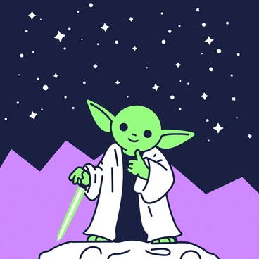 Yoda is standing on a rocky surface with a firm stance. He is depicted with his signature green skin and large ears. Above him, the night sky is filled with numerous stars, twinkling brightly against the darkness. The stars are scattered across the sky in various sizes, creating a captivating scene. Yoda's robes flow gently around him, and he holds a small green lightsaber in his right hand, pointing it slightly downward. In the background, faint outlines of distant mountains can be seen under the starry sky.
