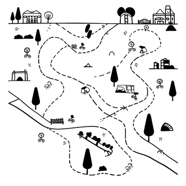 A detailed map illustrating a scenic walking path connecting the Hudson River to the East River through Manhattan. The pathway is marked with a dashed line winding through various parks and iconic landmarks. Trees and benches are depicted along the path, with small illustrations of bicycles and pedestrians to convey activity. The Hudson River is shown on one side with small boats, while the East River is illustrated on the opposite side with bridges crossing over it. Various numbered points of interest are scattered along the route, alongside small sketches of buildings and nature.