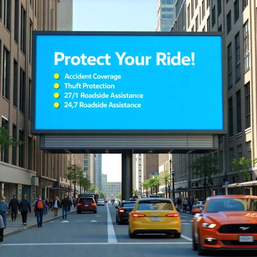 A billboard on a busy city street promoting car insurance benefits