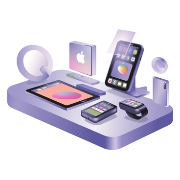 A digital flat illustration depicting various futuristic Apple devices arranged on a sleek, metallic surface. In the background, there are abstract, high-tech structures with glowing lights and holographic displays. A tablet features a curved design with a vibrant interface displaying app icons in bright colors. Next to it, a smartphone has a seamless screen that wraps around its edges, with a floating holographic keyboard above it. An innovative smartwatch is prominently displayed on a stand, showcasing a detailed, interactive interface with circular widgets. The devices are all illuminated by a soft blue glow from the ambient lights, creating a modern and advanced atmosphere.