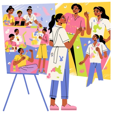 A female artist is standing in front of a large, colorful mural that depicts various empowered women from different backgrounds. She has shoulder-length brown hair tied back in a ponytail and is wearing a paint-splattered apron over a white shirt and blue jeans. The mural features vibrant images of women engaged in different activities, such as leading a meeting, playing a musical instrument, and running a race. The background is filled with bold patterns and bright colors, symbolizing strength and unity. The artist is holding a paintbrush and is focused on adding details to the mural, with splashes of paint on her hands and face showing her dedication to the artwork.