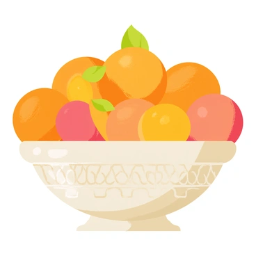 A decorative bowl with intricate patterns on its surface, filled to the brim with various orange-colored fruits. The bowl contains smooth oranges, fuzzy peaches, and small tangerines, all arranged artfully. The vibrant hues of the fruits contrast against the bowl's detailed design, emphasizing their freshness and brightness. Some fruits have a slight sheen, while others exhibit a textured skin, adding visual interest to the composition.