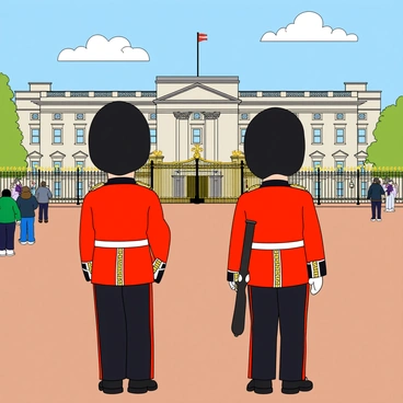 The Queen's guards in their iconic red uniforms and bearskin hats standing by Buckingham Palace