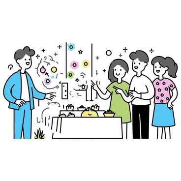A group of four friends stands together in a park, admiring a public Haft-Sin display. The display features seven traditional items arranged on a table, symbolizing the arrival of spring. The friends include a man with a blue jacket and jeans, a woman wearing a green dress, another man in a white shirt with rolled sleeves, and a woman in a floral-patterned blouse. They are smiling and pointing at the items on the table, which include "sabzeh" (sprouted wheat), "samanu" (sweet pudding), and "senjed" (dried fruit). The park is filled with trees and colorful flowers, with other festival decorations visible in the background.