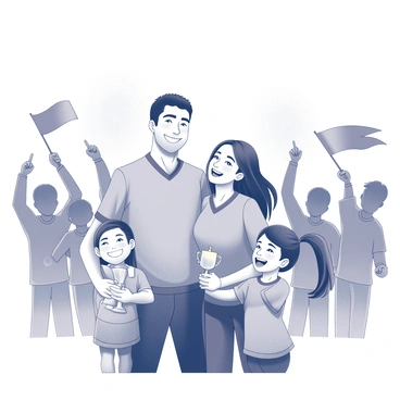 A family of four celebrating a triumphant moment in a stadium setting. In the center, a man with short dark hair and a broad smile stands proudly, wearing a jersey that represents his team. Beside him, a woman with long hair, also smiling joyfully, wears a matching jersey. They are surrounded by two children, one holding a small trophy and the other waving a flag. The background features cheering fans, some holding signs, while banners hang around, all encapsulating the atmosphere of victory. The scene conveys a sense of joy and togetherness.