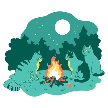 A teal group of cats is gathered around a glowing orange campfire. The cats are sitting in various postures, with some leaning in closer to the fire while others are reclining on the grass. Each cat has distinct features, such as stripes and spots, and their eyes are sparkling in the firelight. The moon is full and bright, illuminating the scene with a soft glow. Above the cats, the night sky is dotted with stars, adding to the atmosphere of storytelling and camaraderie.