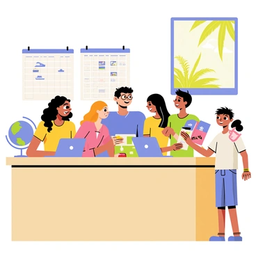 A travel agent's desk with a wooden surface is set up in a brightly lit office. Behind the desk, a friendly travel agent with glasses is engaged in conversation with a family. The family consists of four members: a mother with curly hair, a father wearing a blue t-shirt, a teenage daughter with long straight hair, and a young son excitedly pointing at a brochure. On the desk, there are colorful brochures showcasing various cruise destinations, a globe, and a laptop displaying cruise options. A calendar hangs on the wall with marked dates and pictures of ships. A window in the background shows a sunny day outside with trees swaying gently.