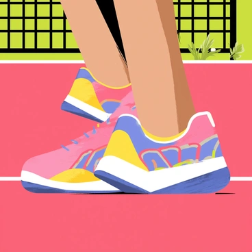 A close-up view of "colorful tennis shoes" worn by "Serena Williams" resting on a "red clay court." The shoes display vibrant patterns with hues of "blue," "pink," and "yellow," highlighting the intricate design. The texture of the clay court is visible, showing the fine particles and small cracks, contrasting with the bright shoes. In the background, hints of blurred green grass and a tennis net can be seen, framing the action on the court.