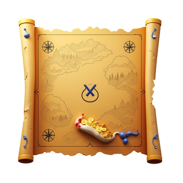 An old treasure map with worn edges and faded ink. The map features intricate drawings of mountains, rivers, and forests. A prominent "X" marks the location of a hidden money bag, detailed with a drawstring and overflowing with gold coins and jewels. Surrounding the map are compass roses and whimsical sea monsters, adding to the adventurous theme. The background shows an aged parchment texture, enhancing the antiquity of the map.