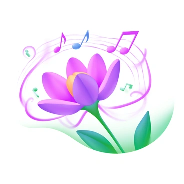 A close-up view of a vibrant flower blooming, with petals in shades of pink and purple. Surrounding the flower are musical notes, portrayed in various sizes, radiating outward as if they are emanating from its petals. Waves of sound, illustrated as curved lines in soft pastel colors, extend from the flower, creating a sense of movement. The background is simple, allowing the flower and the sound elements to stand out prominently.