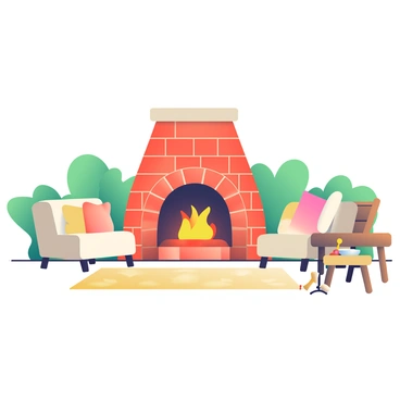 An outdoor fireplace made of red bricks is centrally located in a cozy outdoor setting. The fireplace has a flickering flame emanating from its opening, casting a warm glow. Surrounding the fireplace are several comfortable seating options, including two cushioned armchairs in a soft beige fabric and a wooden bench with plush throw pillows. A soft, woven rug covers the ground in front of the seating area. To the side, a small wooden table holds a set of roasting sticks and a bowl of marshmallows, inviting guests to gather around. Green foliage frames the scene, enhancing the inviting atmosphere.