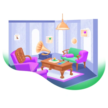A 3D vintage parlor featuring an array of antique furniture, including a richly carved wooden armchair and a plush velvet sofa. A classic gramophone sits elegantly in one corner, its brass horn glistening. The walls are adorned with ornate wallpaper displaying intricate patterns in muted colors. A wooden coffee table with decorative elements rests in the center, surrounded by various vintage trinkets. A warm light fixture hangs from the ceiling, casting a soft glow over the scene.
