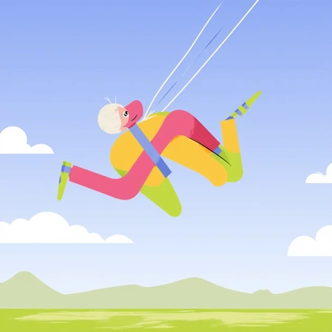 A single skydiver in a brightly colored jumpsuit is diving through a clear blue sky. The sky is a vivid shade of blue with a few scattered white clouds. The skydiver's arms are outstretched, and their hair flows behind them as they freefall. Light glints off their helmet, adding a touch of brightness to the scene. Below, a patchwork of green fields and distant mountains can be seen, enhancing the feeling of vastness and freedom.