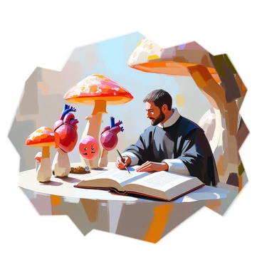 Andreas Vesalius in a fantastical setting surrounded by anthropomorphic organs