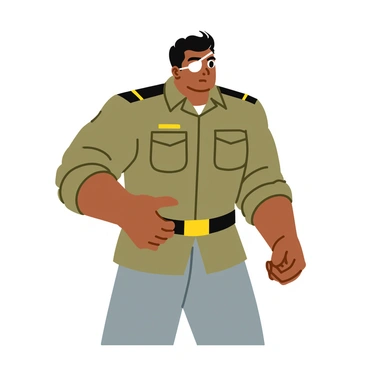 A muscular man named King Bradley stands in an action pose, showcasing a well-defined physique. His eye patch is removed, revealing his deep, intense gaze that conveys strength and determination. He wears a military-style uniform, featuring sharp lines and distinct details, emphasizing his commanding presence. His short, dark hair is slightly tousled, adding to the dynamic effect of the scene. The background features a blurred battlefield, enhancing the sense of movement and urgency in the moment.