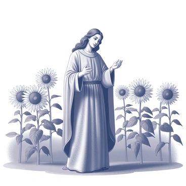 A saint depicted wearing a flowing robe with intricate patterns. The figure stands gracefully in a vast field filled with tall sunflowers, their large heads turned towards the sun. The saint's expression is serene and compassionate, conveying a sense of peace. The sky above is clear, with no clouds, showcasing the vastness of the atmosphere. The sunflowers are in full bloom, their vibrant petals contrasting against the green leaves, creating an expansive and lively scene in the foreground.